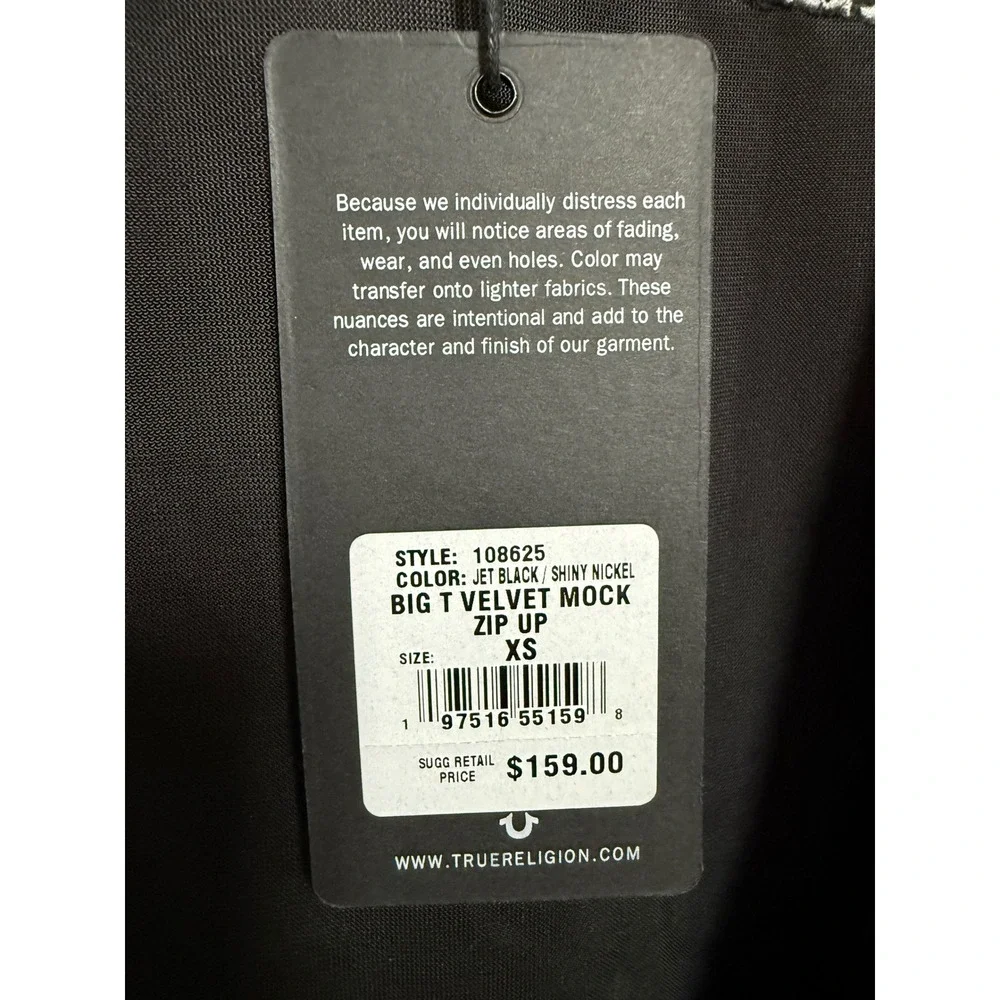 True Religion Mens Big T Velvet Mock Zip Up Jacket Jet Black Size XS‎ New